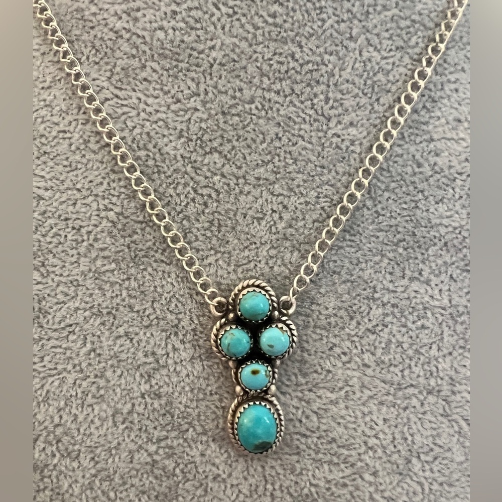 ❤️ Kingman Turquoise 5 Stone Brushed 925 Southwestern 18+2” Adj Necklace 11.6Gm - Picture 5 of 14
